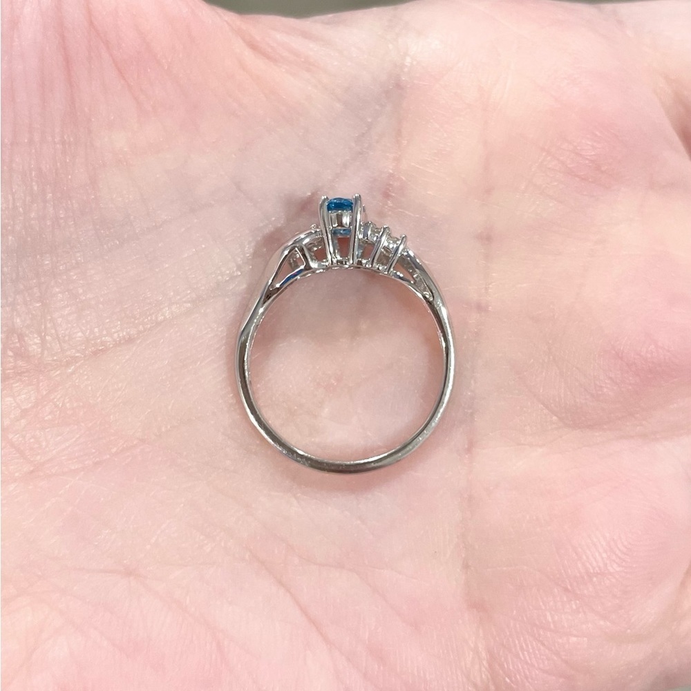 10K Light Swiss Blue Topaz Diamond accent oval solitaire dainty white gold ring‍ - Picture 9 of 10